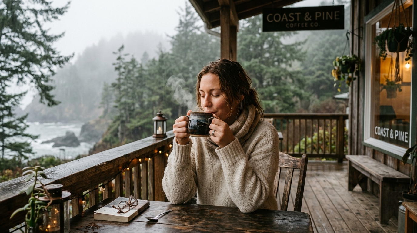 A person taking their first sip of morning coffee on a misty coastal porch